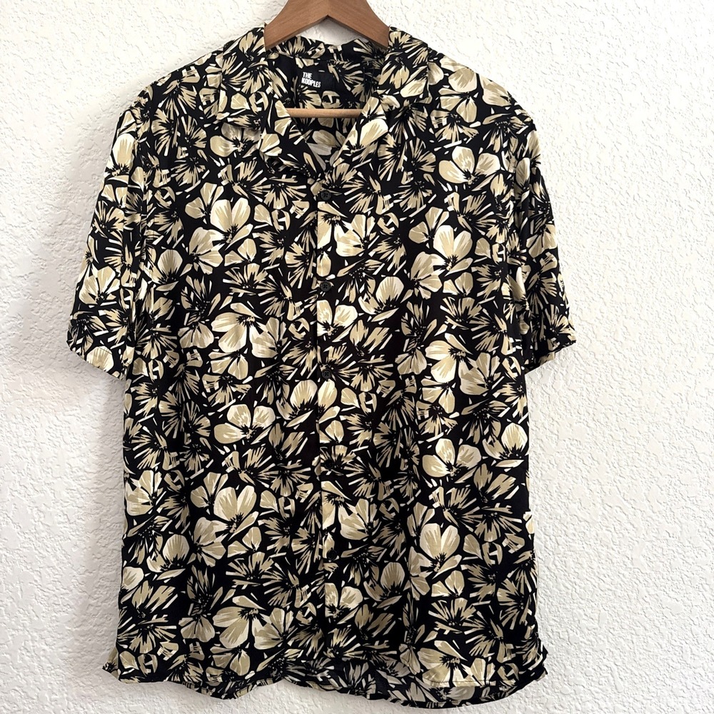 NWT The Kooples Twill Flowers Men Size S Black Short Sleeve Button Up Shirt